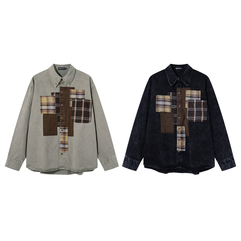 Patchwork Plaid Washed Denim Shirt – Oversized Vintage Nomad Style