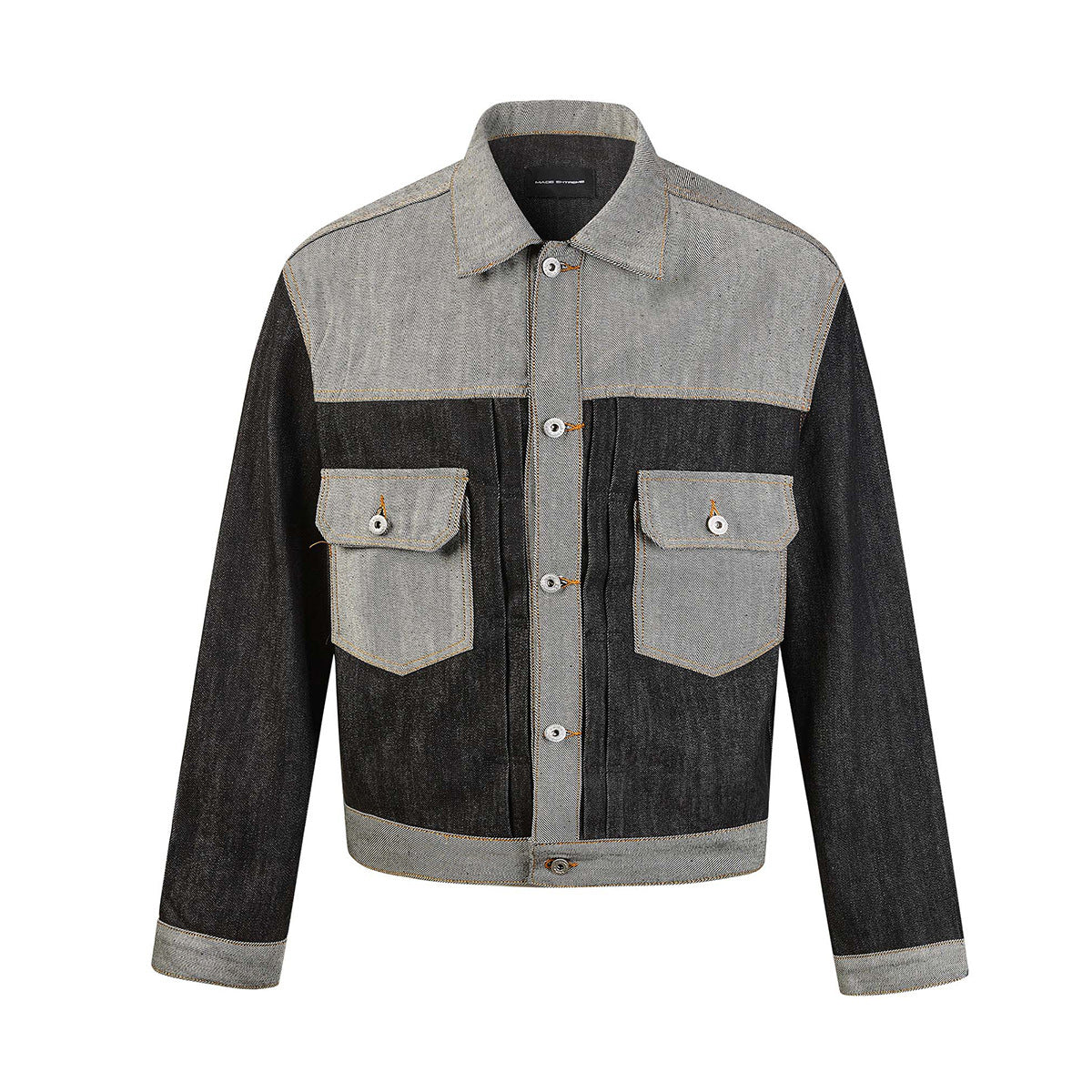 Veste en jean bicolore à empiècements contrastants – Coupe carrée