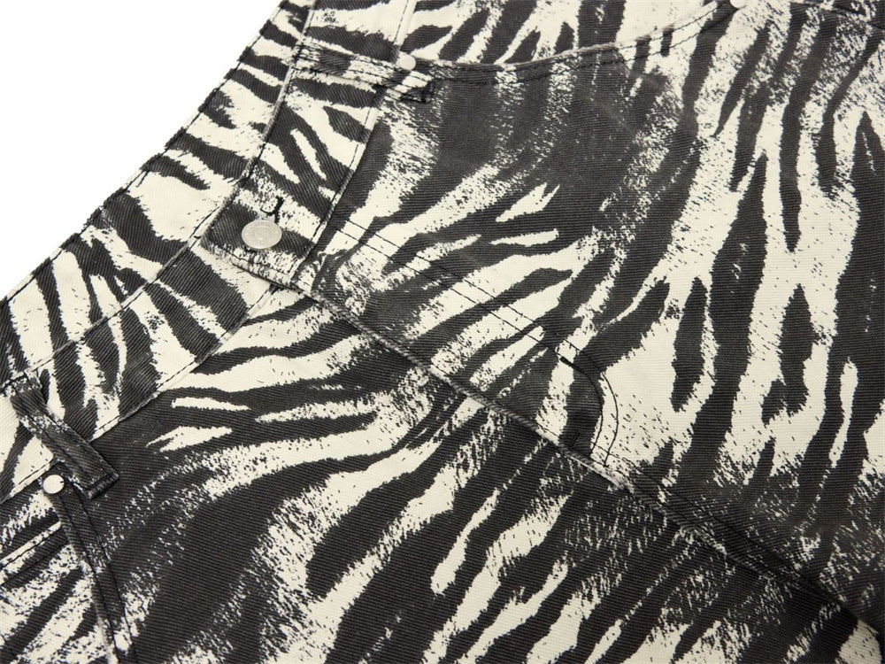 Zebra Print Wide-Leg Jeans – Men's Straight Fit Punk Street Style Denim Pants