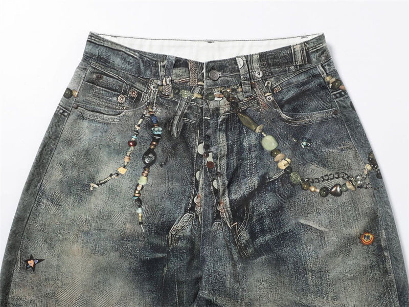 Wide-Leg Jeans with Chain & Bead Embellishments – Vintage Dirty-Wash Punk Denim