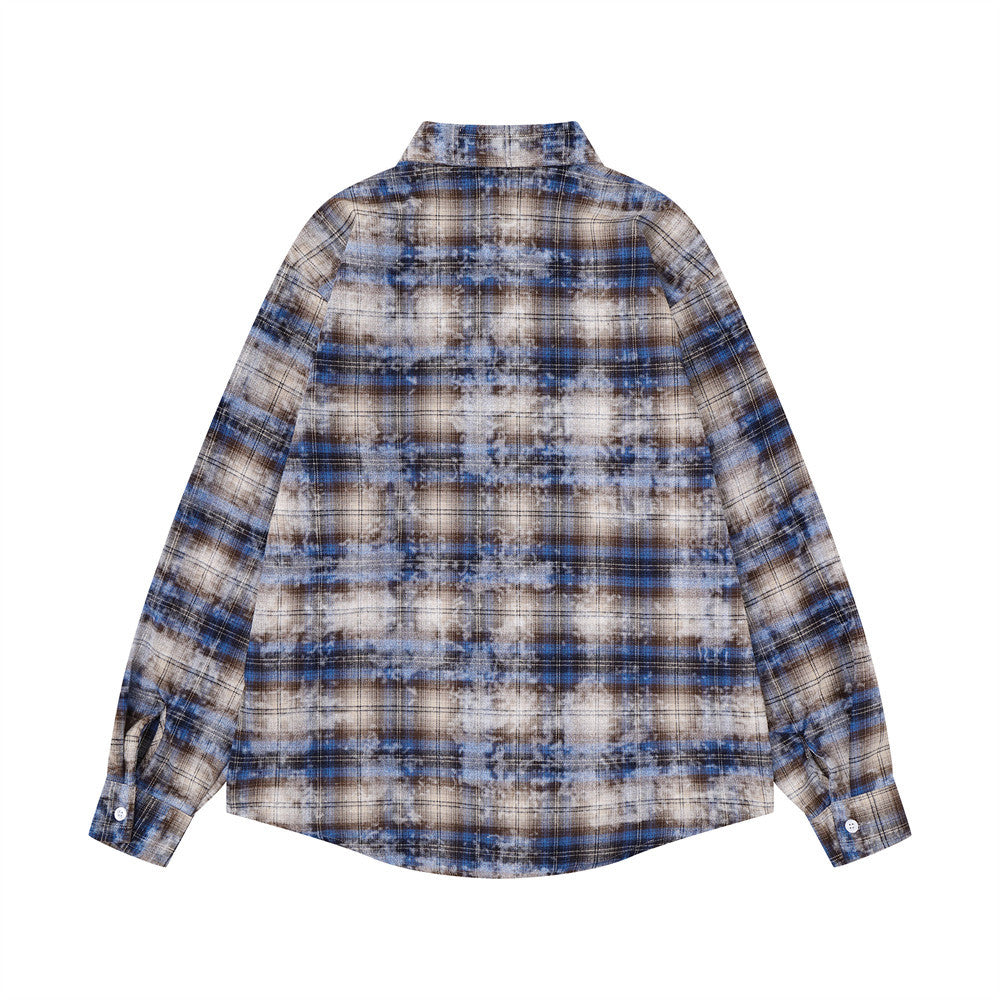 Back view of blue plaid long sleeve shirt with faded bleached effect