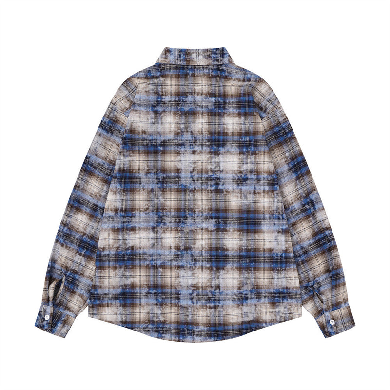 Back view of blue plaid long sleeve shirt with faded bleached effect