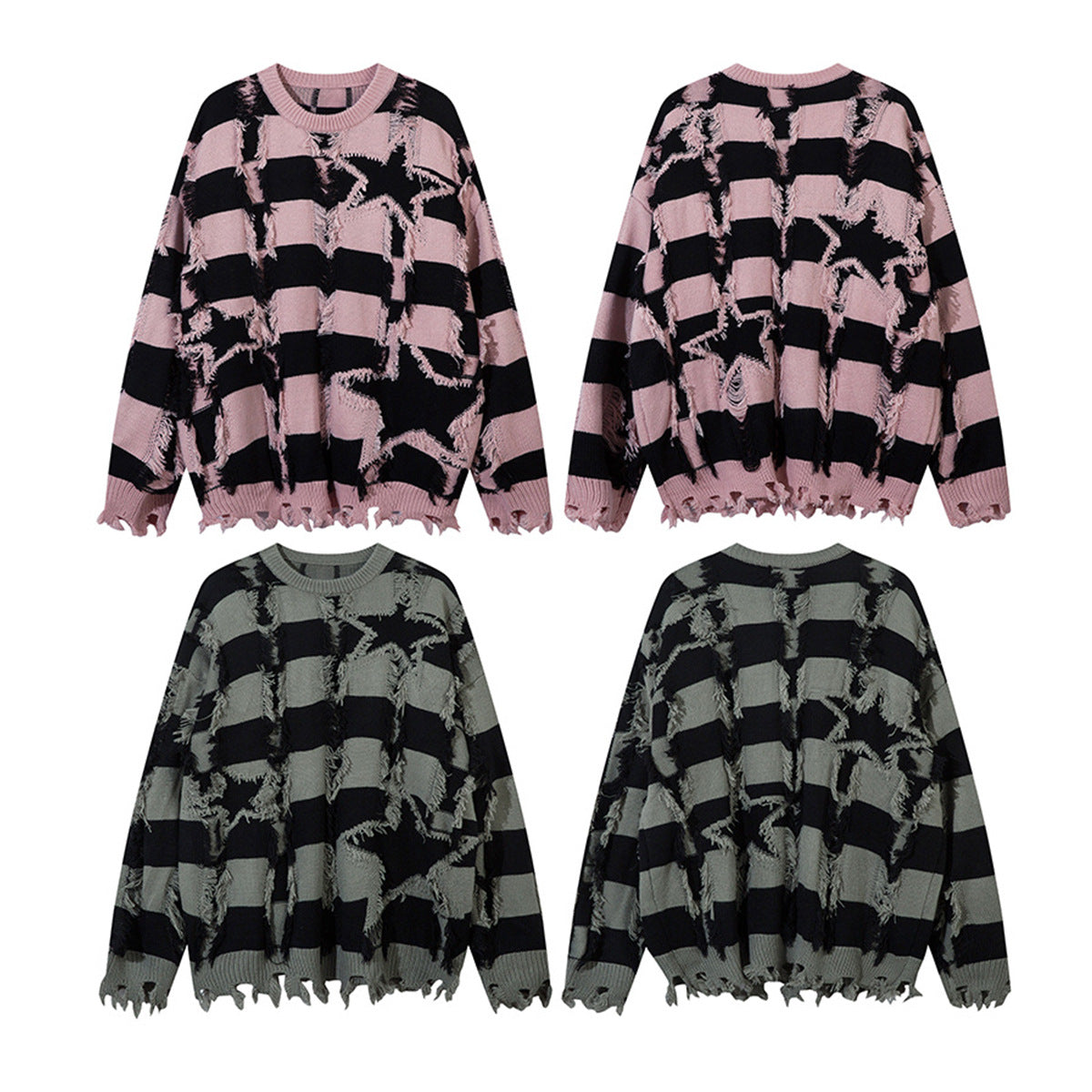 Pull oversize en maille rayée à étoiles délavée – Col rond à franges