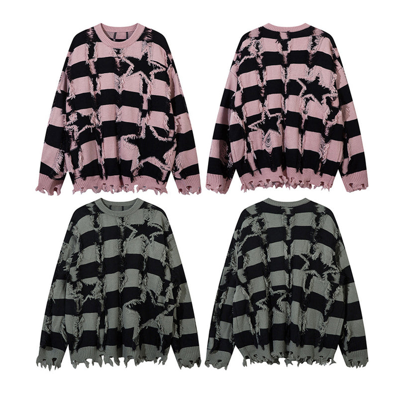 Pull oversize en maille rayée à étoiles délavée – Col rond à franges