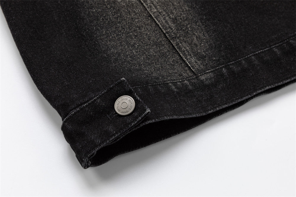 Black Jean Jacket Men – Punk Washed Denim with Metal Ring Hardware