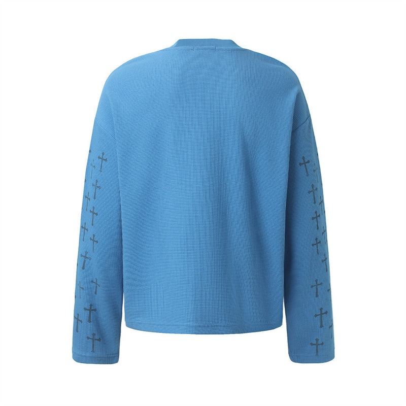 Cross Print Waffle Knit Long Sleeve Crew Neck Tee – Oversized Streetwear Graphic