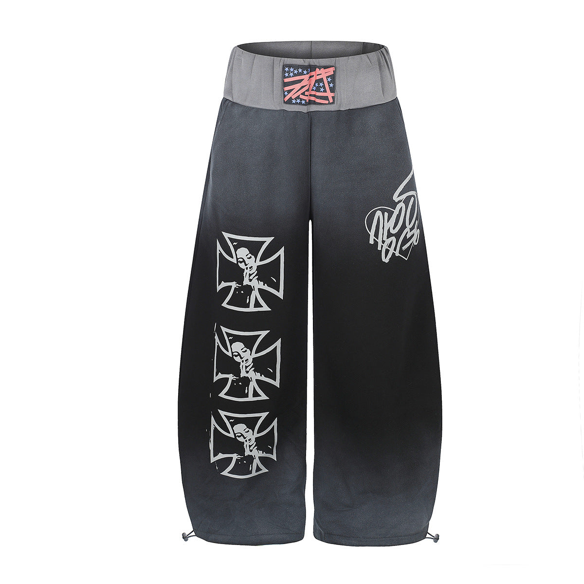 Wide-Leg Sweatpants with Iron Cross Graffiti Print – Washed Streetwear Baggy