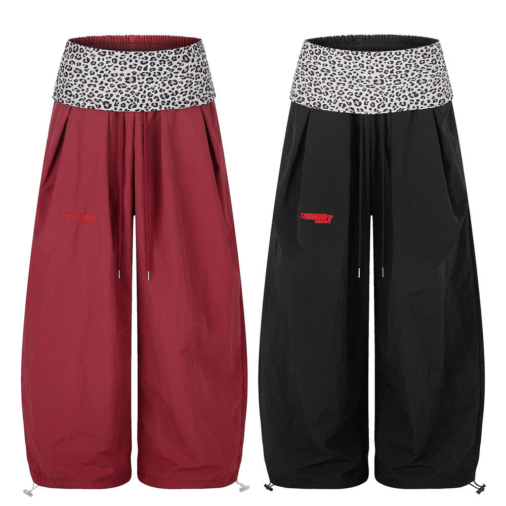 Wide-Leg Balloon Pants with Leopard Print Waistband & Drawstring Hem
