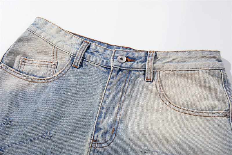 Star Embroidery Wide-Leg Jeans – Vintage Washed Baggy Denim