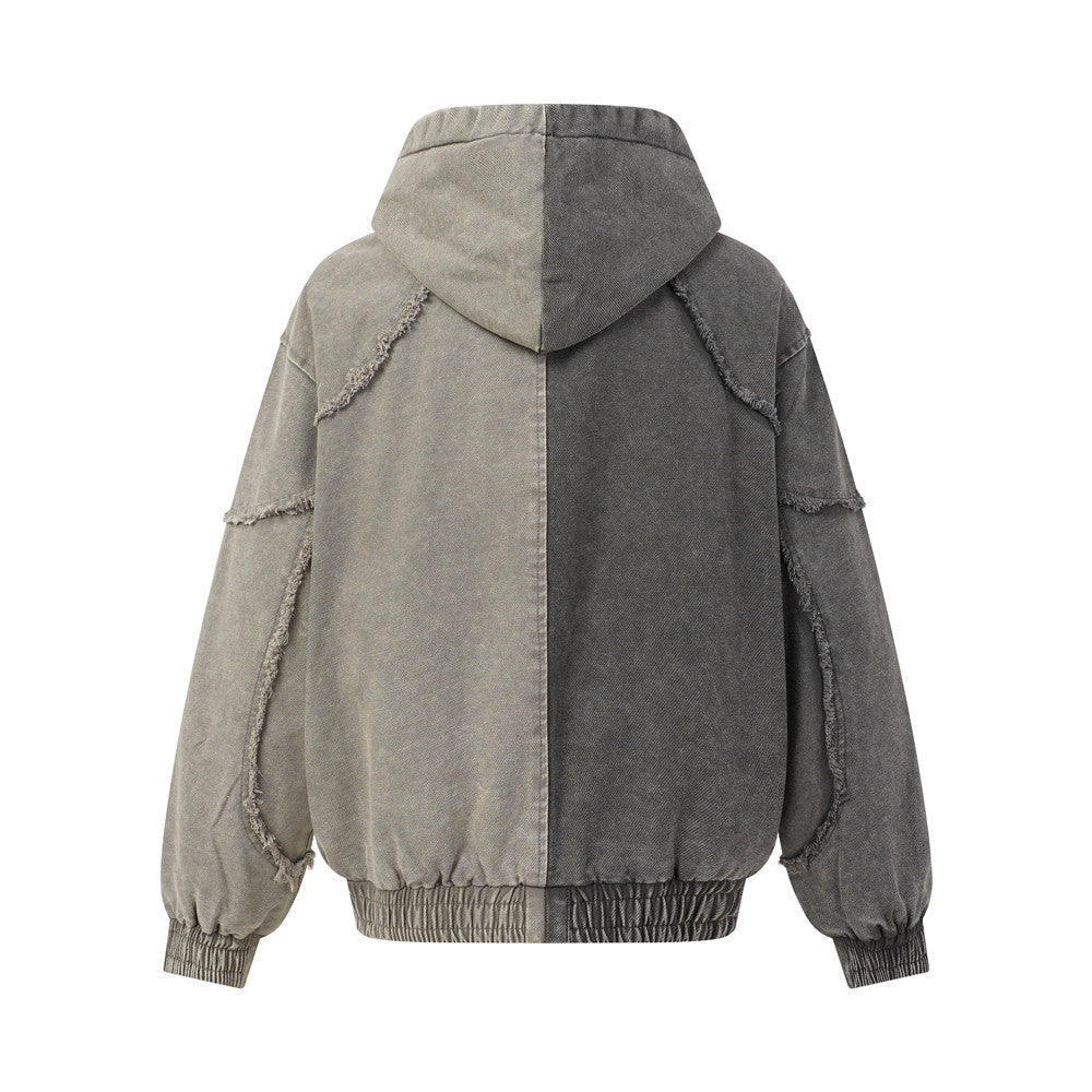 Veste à capuche zippée en patchwork délavé à l'acide – Bomber oversize bicolore à coutures effilochées