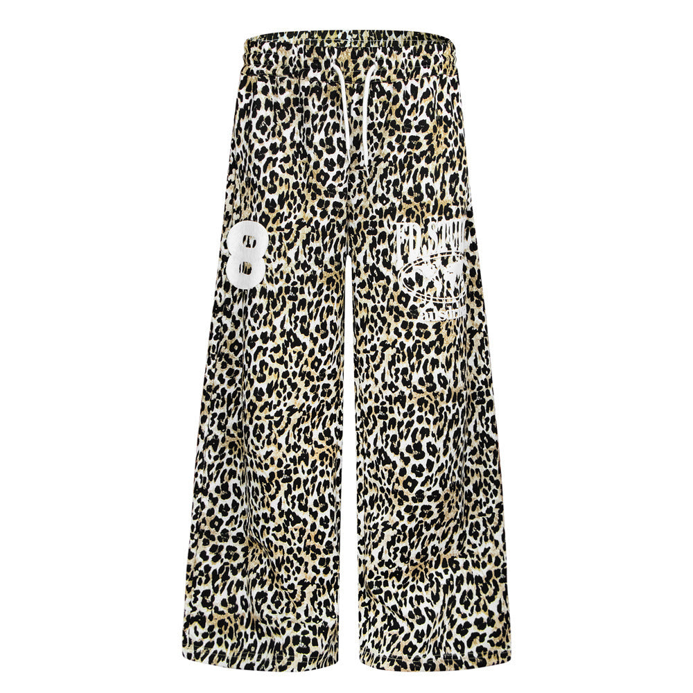 Pantalon de survêtement homme à jambes larges, imprimé léopard, taille à cordon et imprimé graphique du chiffre 8 sur la cuisse, coloris kaki
