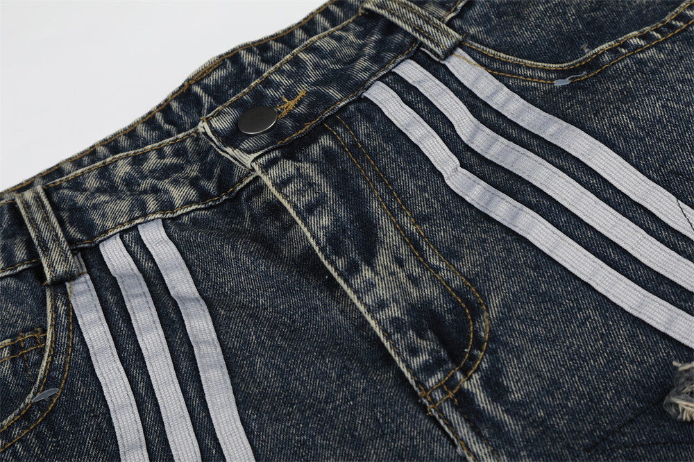 Vintage Washed Star Patch Stripe Denim Shorts