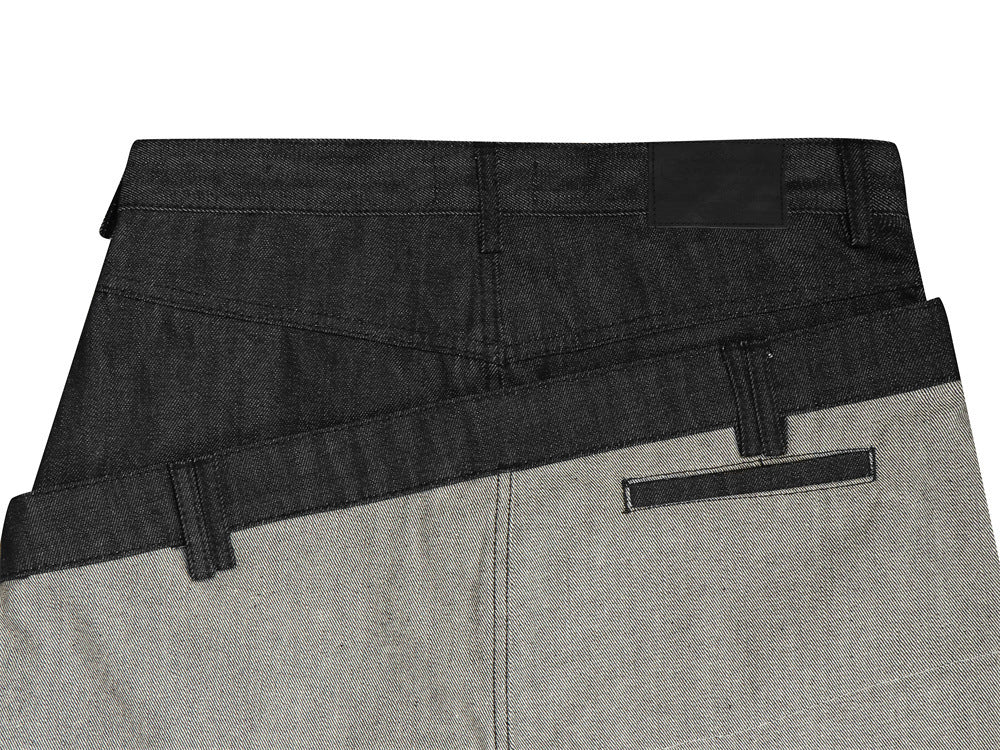 Jean en denim brut à double ceinture et jambes larges – Colorblock diagonal et broderie