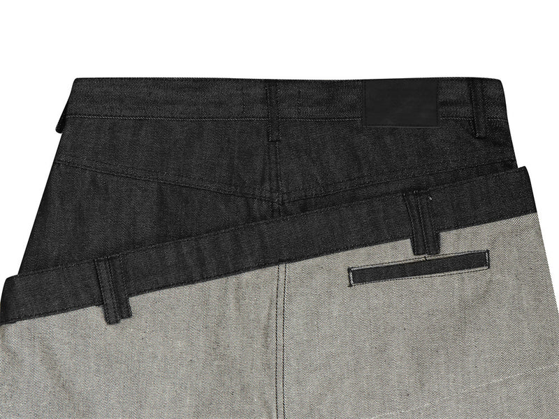 Jean en denim brut à double ceinture et jambes larges – Colorblock diagonal et broderie