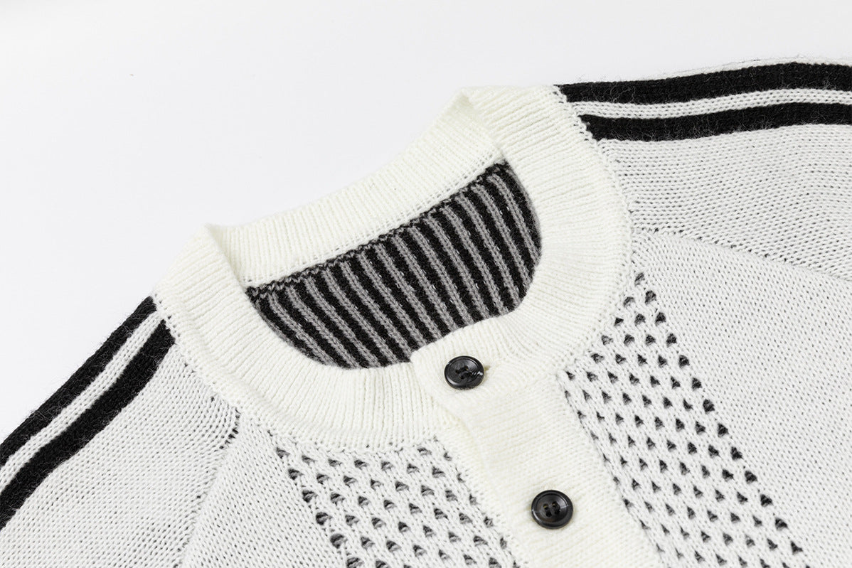 Retro Varsity Stripe Knit Sweater — Open-Knit Henley with Raglan Sleeves