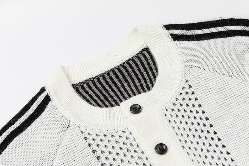 Retro Varsity Stripe Knit Sweater — Open-Knit Henley with Raglan Sleeves