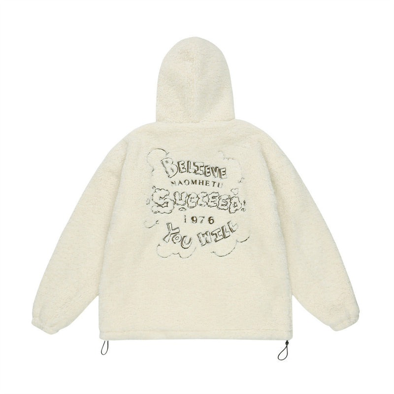 Sherpa-Fleece-Zip-Hoodie-Jacke mit Schriftgrafik auf dem Rücken und Tunnelzugsaum