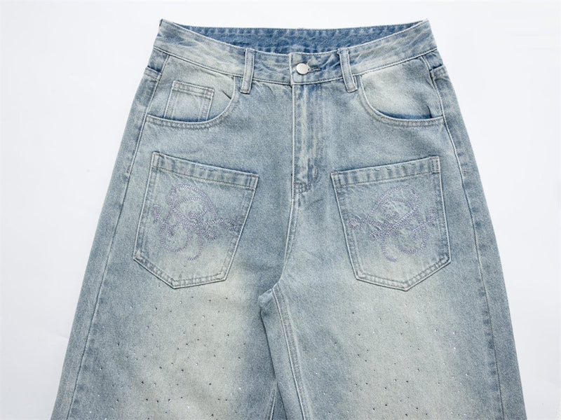 Baggy Denim Jeans Men – Rhinestone Scatter & Dragon Embroidery Wide-Leg Straight