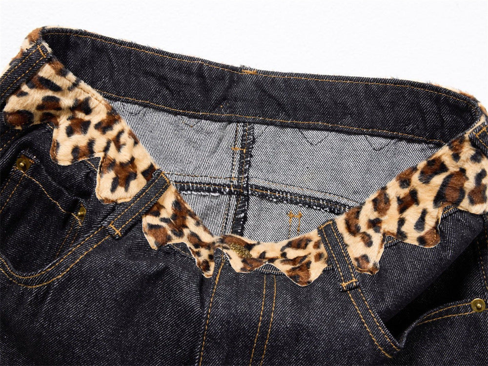 Loose Fit Jeans Men – Black Wide-Leg Denim with Leopard Print Appliqué Patches