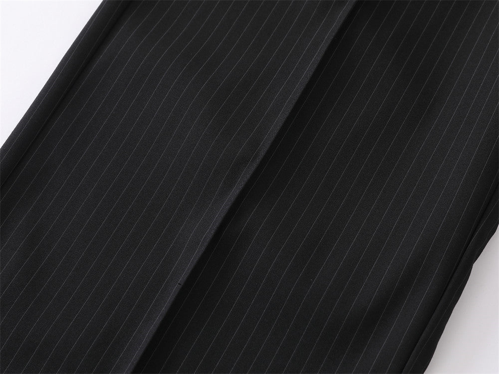 Black Pinstripe Wide-Leg Trousers – Pleated Relaxed Fit Dress Pants