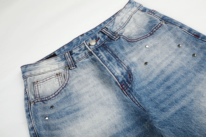 Gradient Washed Distressed Wide-Leg Jeans with Rhinestone Studs