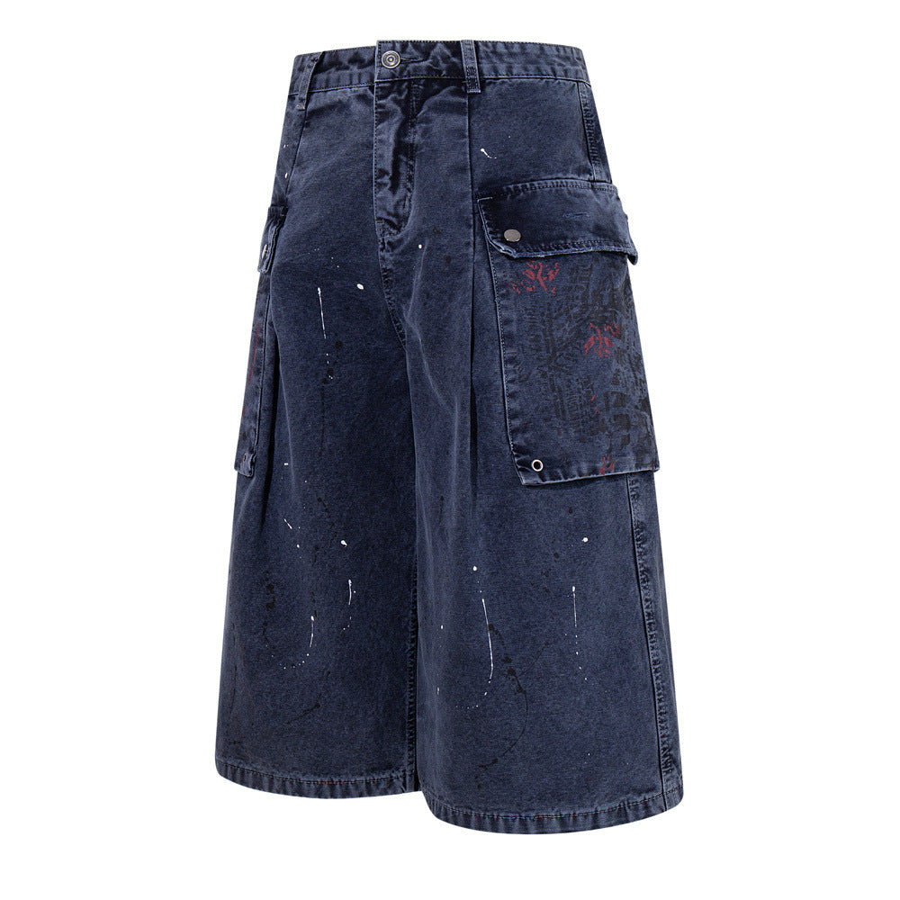 Paint Splatter Cargo Denim Shorts – Wide-Leg Washed Streetwear