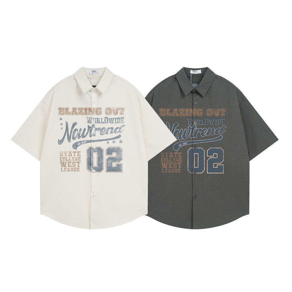 Men Short Sleeve Shirt – American Varsity Graphic Oversized Button-Down