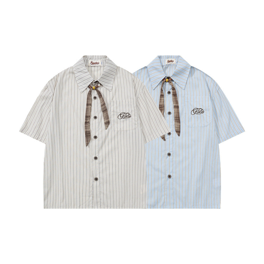 Men's striped short sleeve shirt in cream white with brown plaid necktie and embroidered chest logo, relaxed Japanese collegi