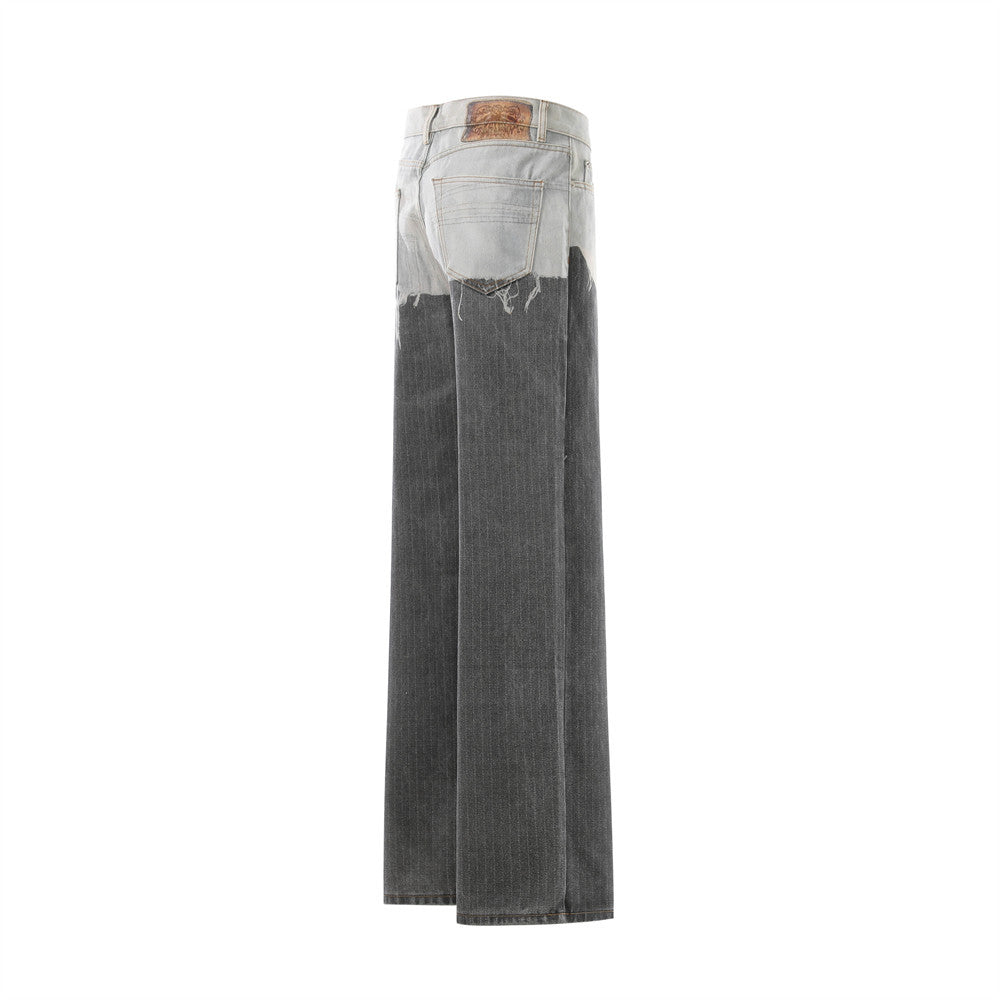 Two-Tone Distressed Wide-Leg Jeans – Contrast Wash Straight Denim