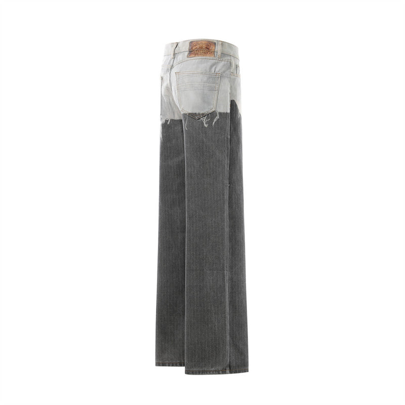 Two-Tone Distressed Wide-Leg Jeans – Contrast Wash Straight Denim