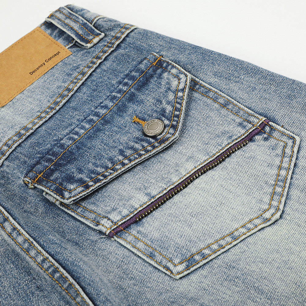 Jean baggy à jambes larges – Denim bleu délavé homme, coupe droite avec poche zippée
