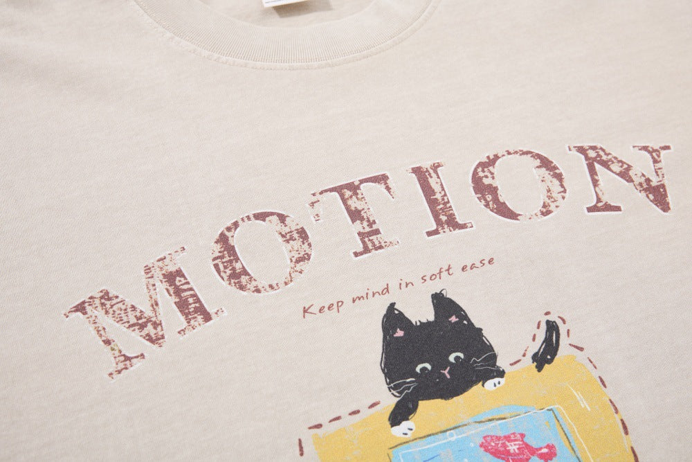 Motion Cat Mood Slow Life Graphic T-Shirt | Vintage Washed Cotton Tee