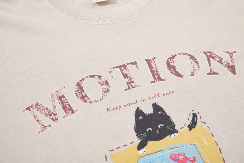 Motion Cat Mood Slow Life Graphic T-Shirt | Vintage Washed Cotton Tee