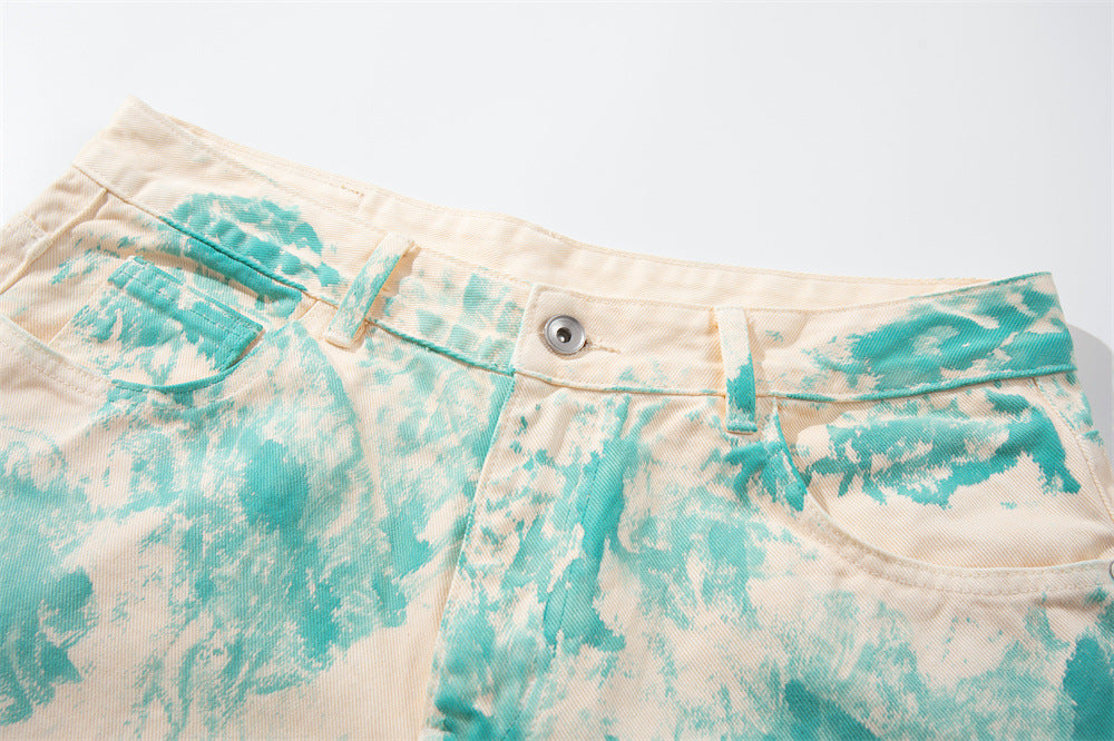 Tie-Dye Wide-Leg Denim Shorts – Loose Fit Cargo-Style Cropped Jeans