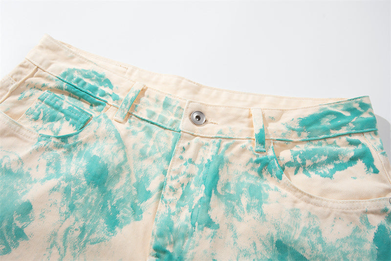 Tie-Dye Wide-Leg Denim Shorts – Loose Fit Cargo-Style Cropped Jeans