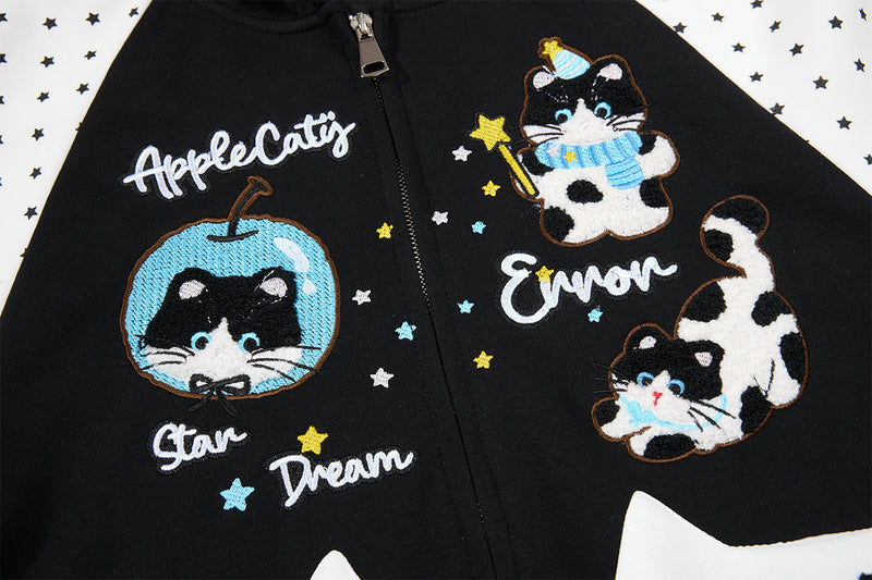 Hoodie zippé à oreilles de chat avec manches raglan étoilées et poches-pattes
