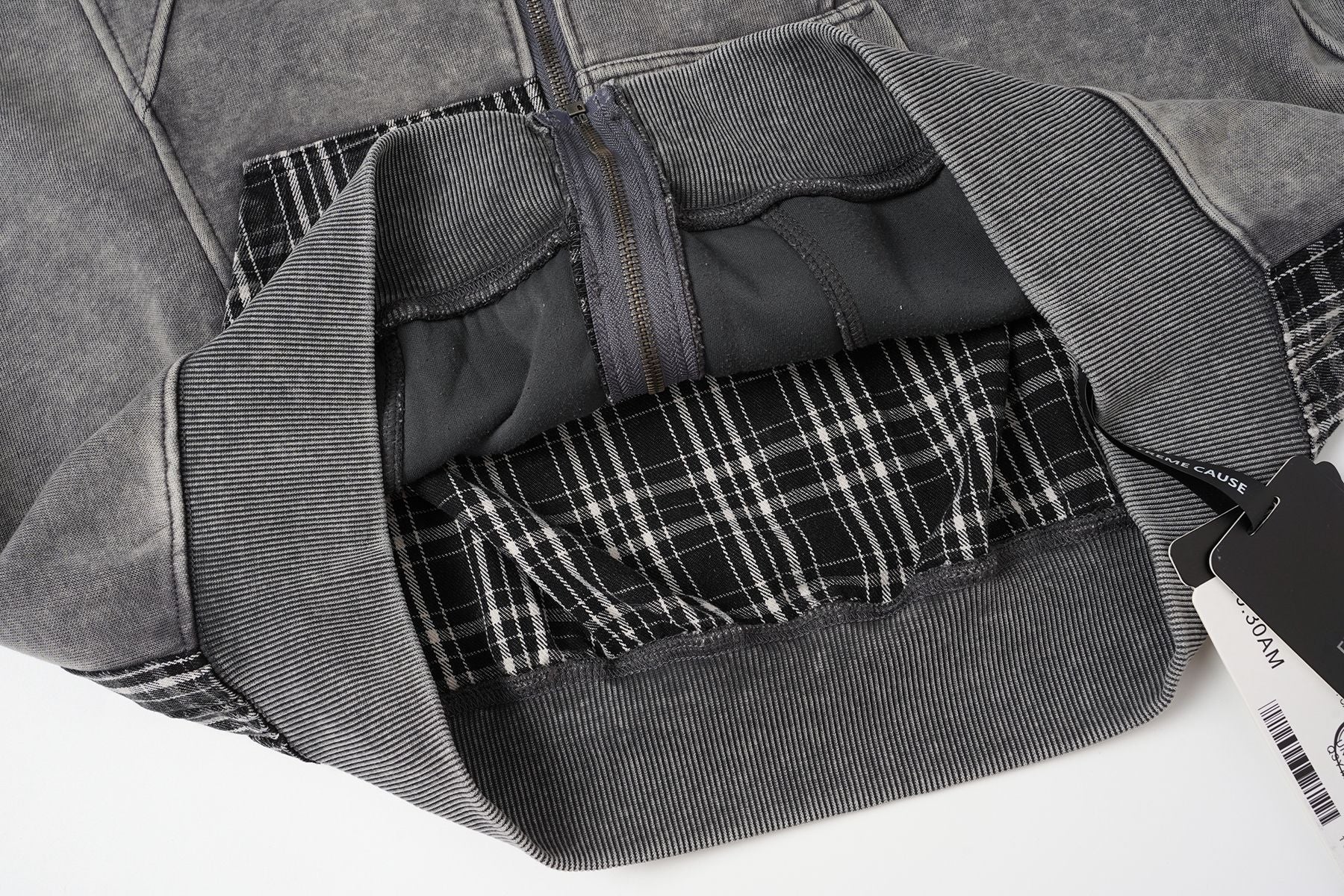 Sudadera con capucha y cremallera de patchwork de cuadros — Chaqueta extragrande de felpa y franela lavadas