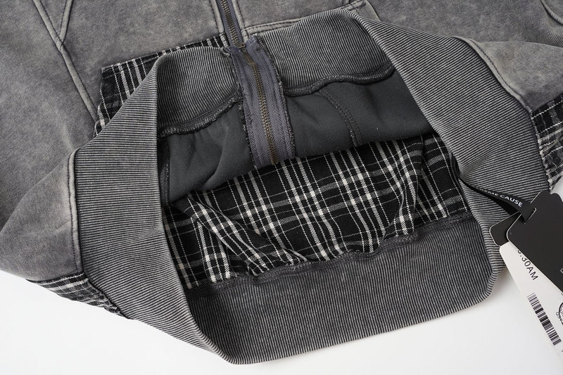 Sudadera con capucha y cremallera de patchwork de cuadros — Chaqueta extragrande de felpa y franela lavadas