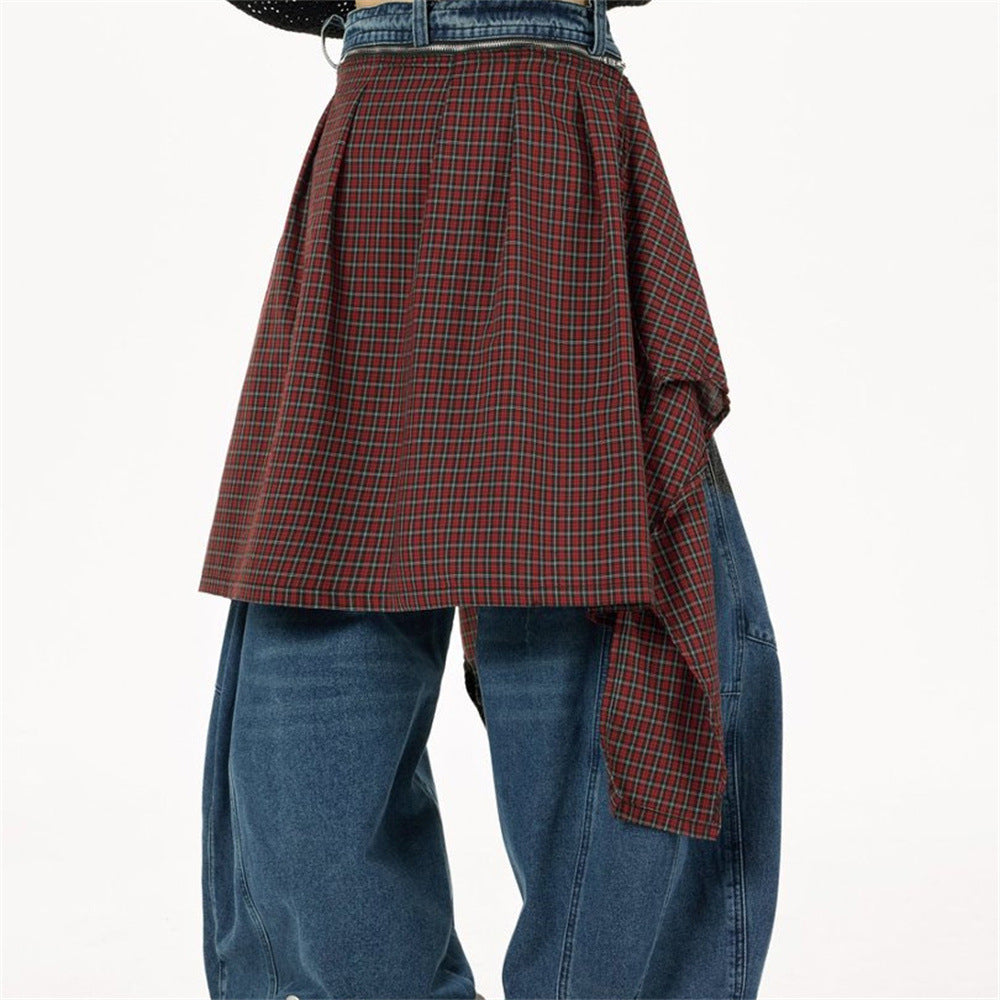 Wide-Leg Baggy Jeans with Detachable Plaid Skirt Overlay — Men's Punk Street