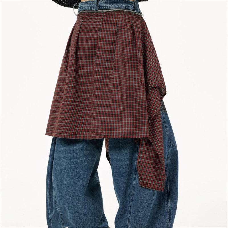 Wide-Leg Baggy Jeans with Detachable Plaid Skirt Overlay — Men's Punk Street