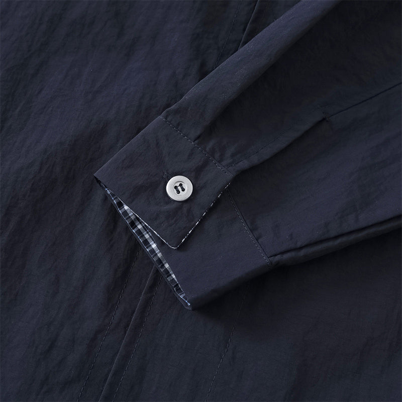 High-Collar Overshirt – Relaxed Fit Long-Sleeve Button-Up with Plaid Inner