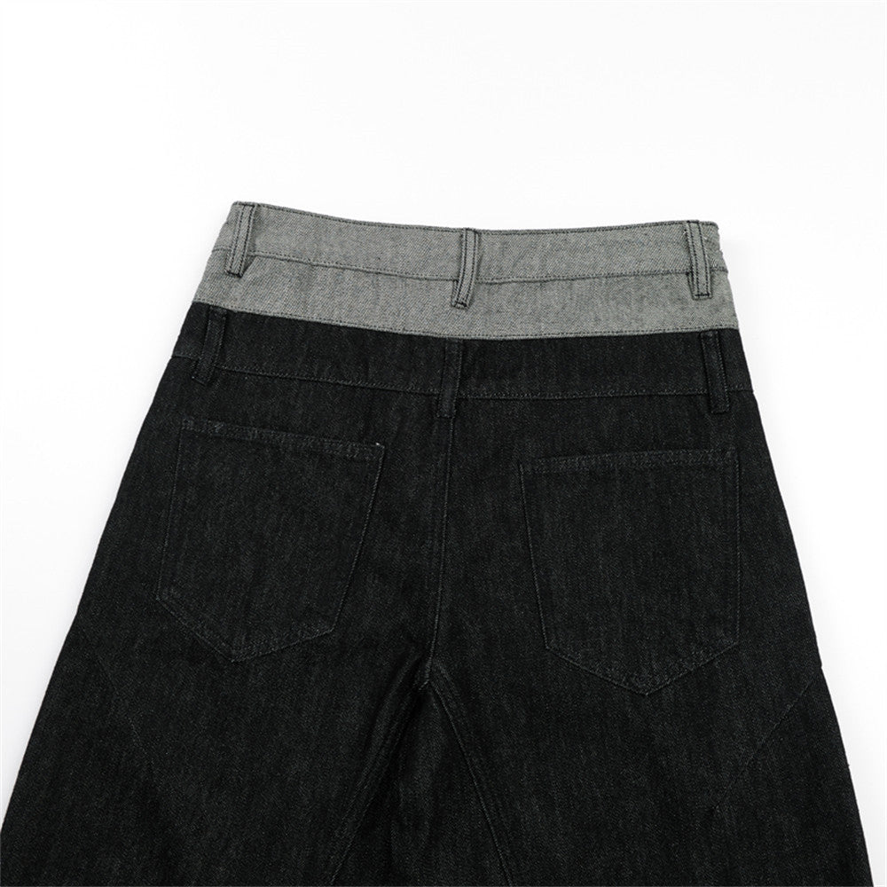 Jean homme à jambes larges – Ceinture bicolore color block et fermeture boutonnée