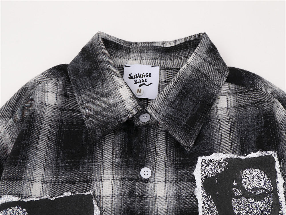 Plaid Long Sleeve Shirt Men – Oversized Flannel with Portrait Graphic Print