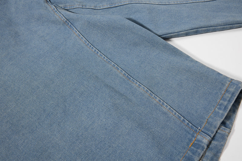 Military-Style Washed Denim Jacket – Stand Collar, Double-Breasted Button Detail