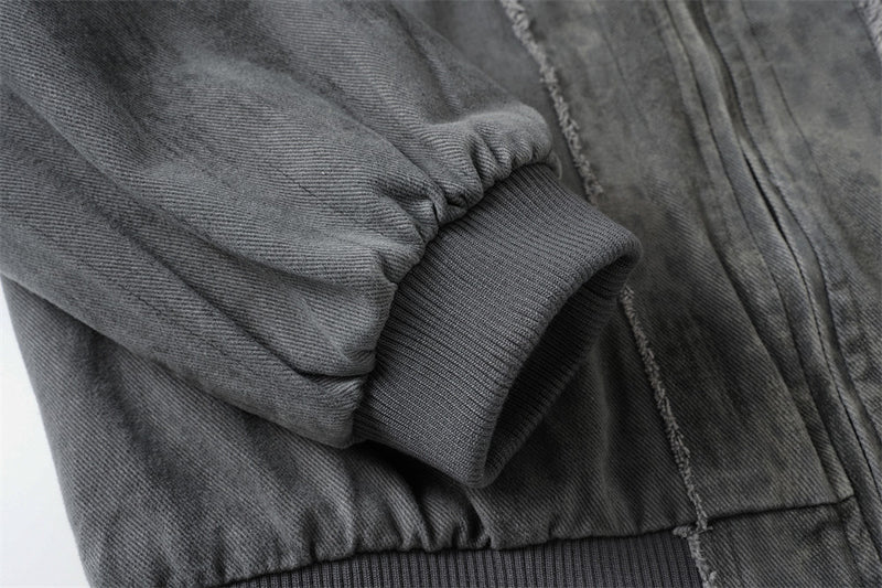 Bomber délavé et usé – Patchwork déconstruit à bords effilochés, coupe oversize