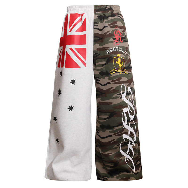 Men's Wide-Leg Sweatpants – Colorblock Union Jack & Camo Print with Script Logo