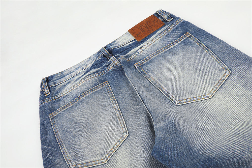 Wide-Leg Distressed Jeans – Lightning Wash Vintage Blue Straight-Fit Denim