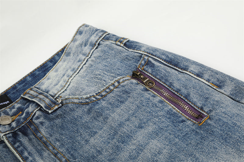 Jean baggy à jambes larges – Denim bleu délavé homme, coupe droite avec poche zippée