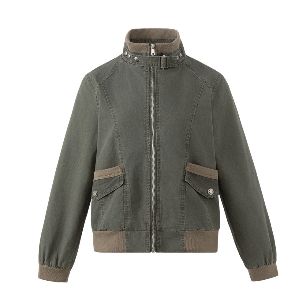 Men's army green vintage workwear bomber jacket with stand collar, buckle strap, ribbed cuffs and hem, and snap-button flap p