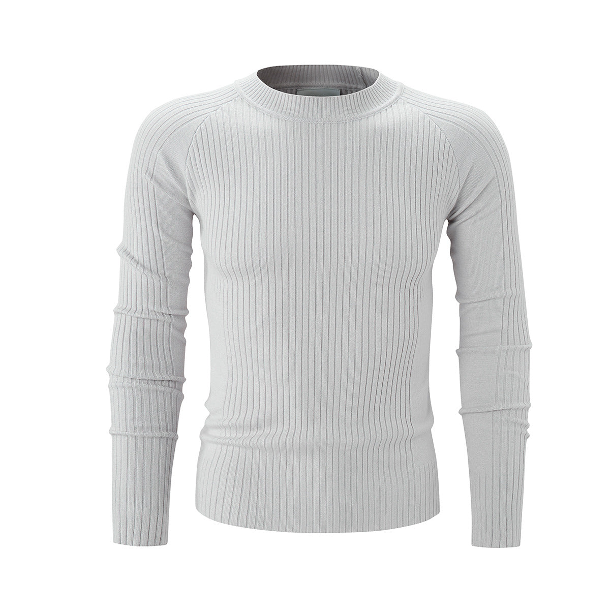 Men's slim-fit ribbed knit crewneck sweater in light grey, front view